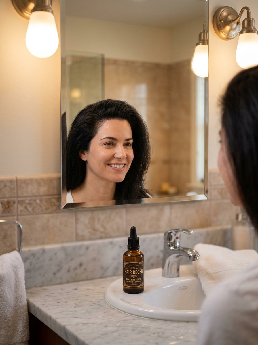 Close-up of a smiling woman seen in a bathroom mirror with a bottle of hair serum on the marble counter.