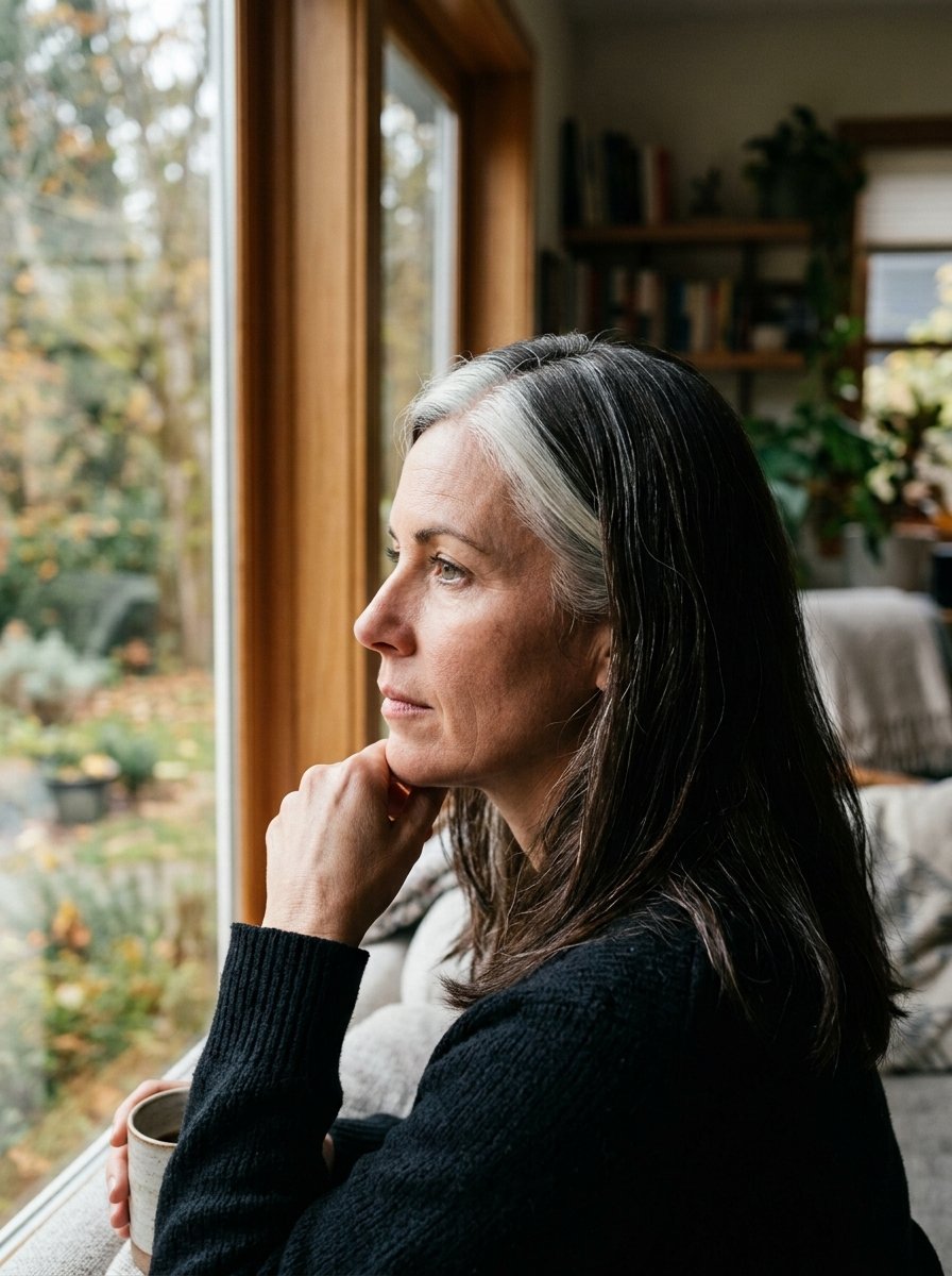 A side profile of a middle-aged woman with dark hair and a prominent grey streak sitting by a window holding a mug.
