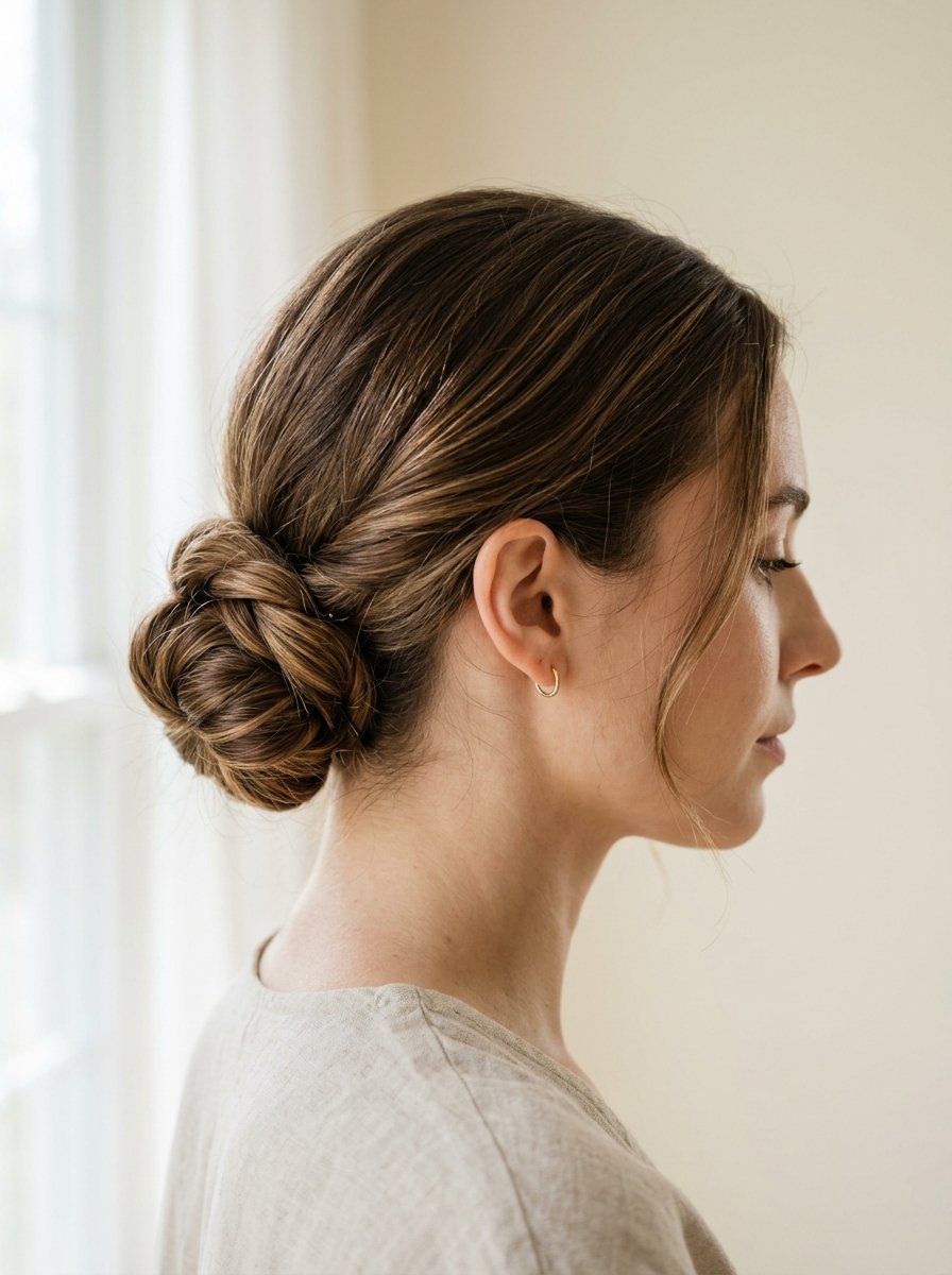 Side view of a woman with brunette hair styled in a textured low braided bun and wearing a small gold hoop earring.