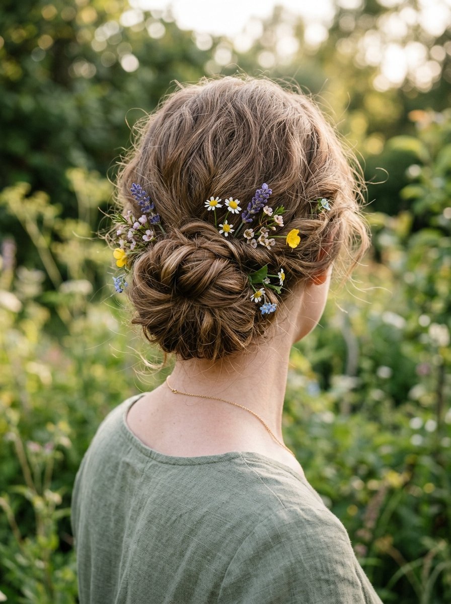 Back view of a woman with wavy brown hair in a loose bun decorated with small daisies, lavender, and blue flowers.