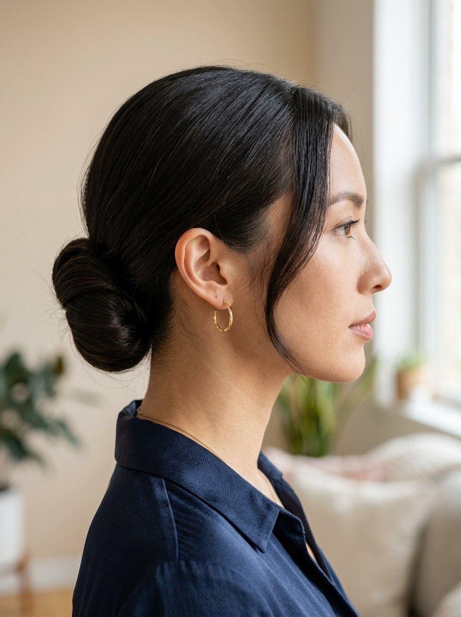 Side profile view of a woman with sleek dark hair tied in a bun and small gold hoop earrings.
