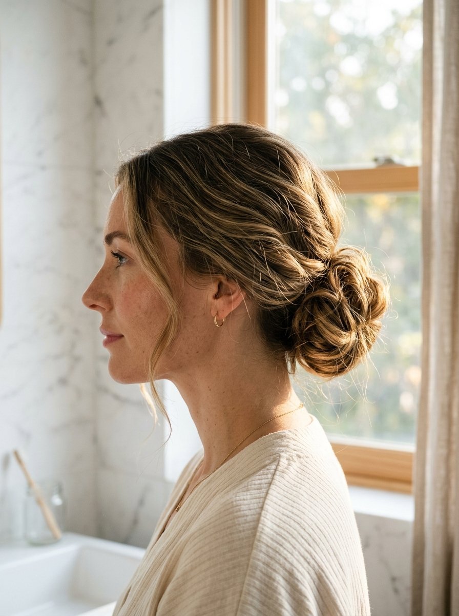 Close up of a blonde woman's face and hair styled in a textured low bun while standing near a bright window.