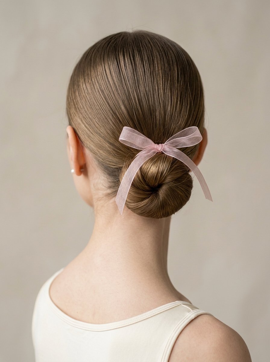 A close-up of a woman's hair styled in a sleek bun, accessorized with a translucent light pink organza hair bow.