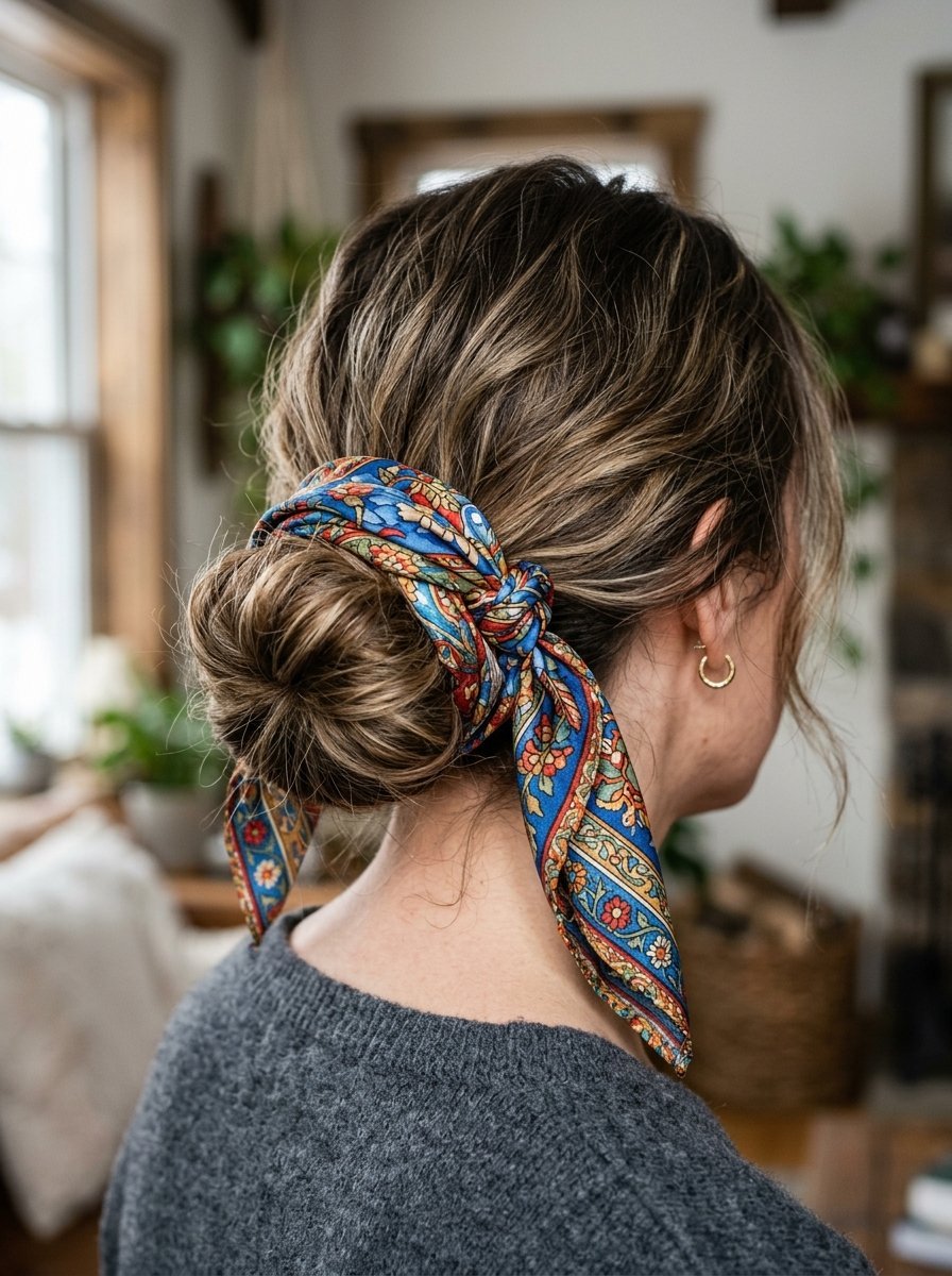 A woman with highlighted hair in a low bun secured with a colorful bohemian paisley scarf.