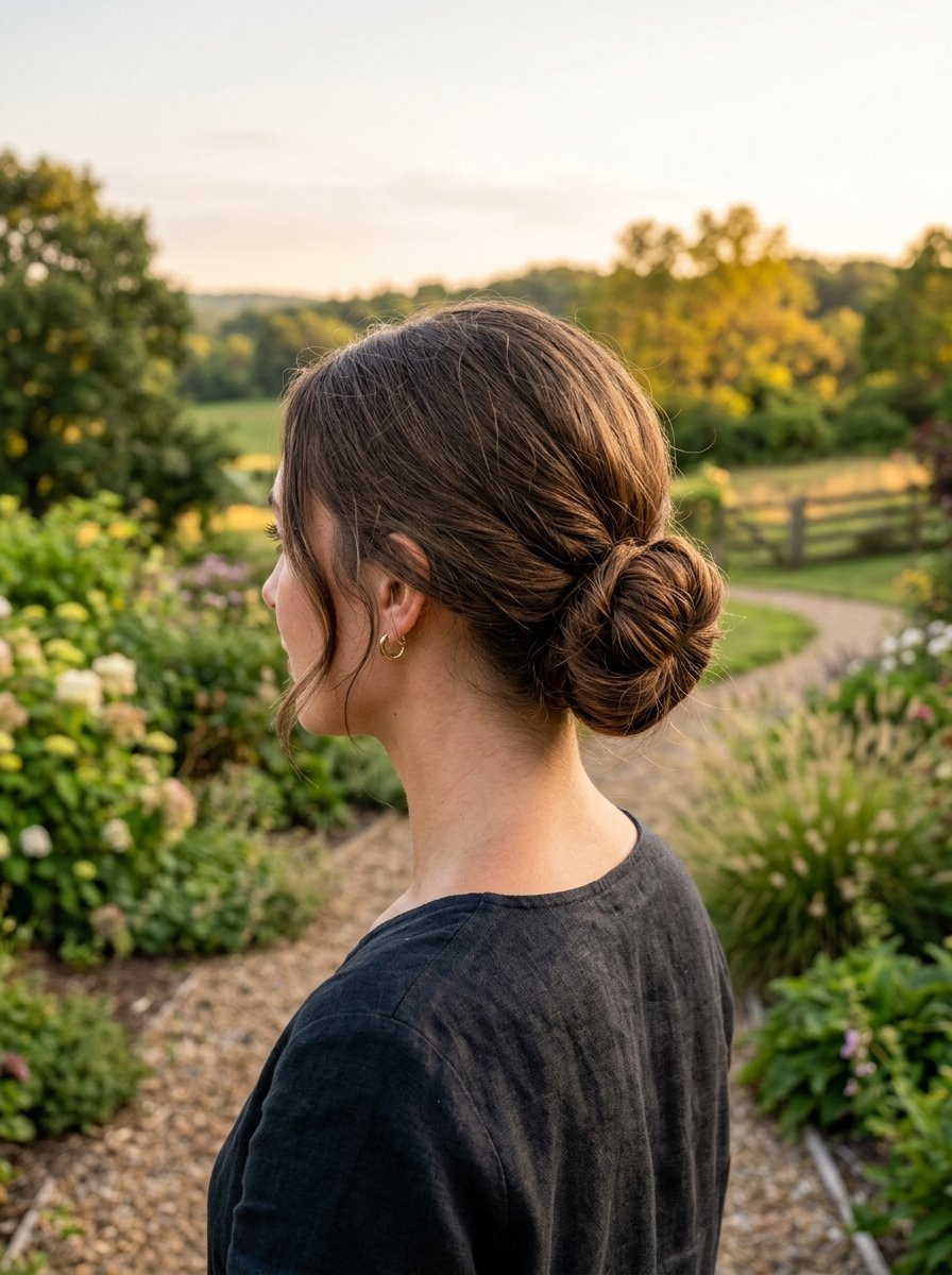 Side profile of a woman with brunette hair styled in a low bun, wearing a black linen top in a sunlit garden.