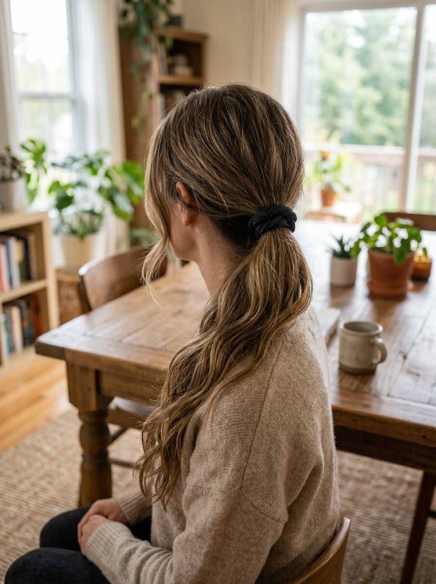 Back view of a woman with highlighted hair wearing a black fabric hair tie while sitting at a rustic dining table.
