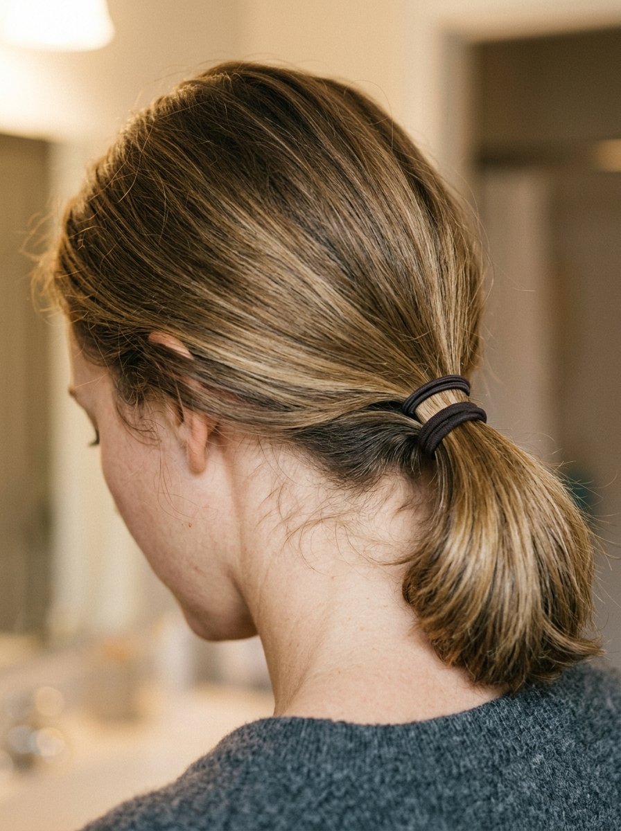 Back view of a woman with blonde highlights tied back in a simple low ponytail with two dark hair bands.