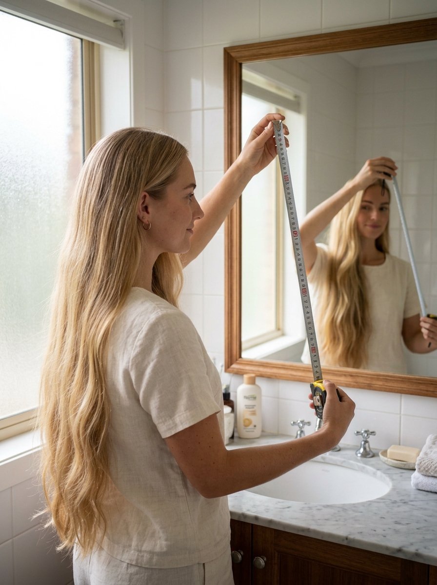 Long-haired blonde woman checking her hair length in front of a bathroom mirror with a measuring tape.