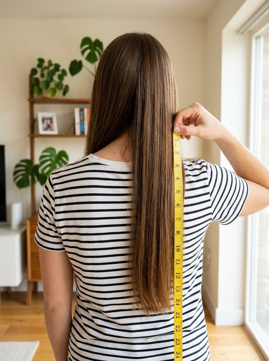 Back view of a woman wearing a striped shirt measuring the length of her long brown hair with a yellow measuring tape.