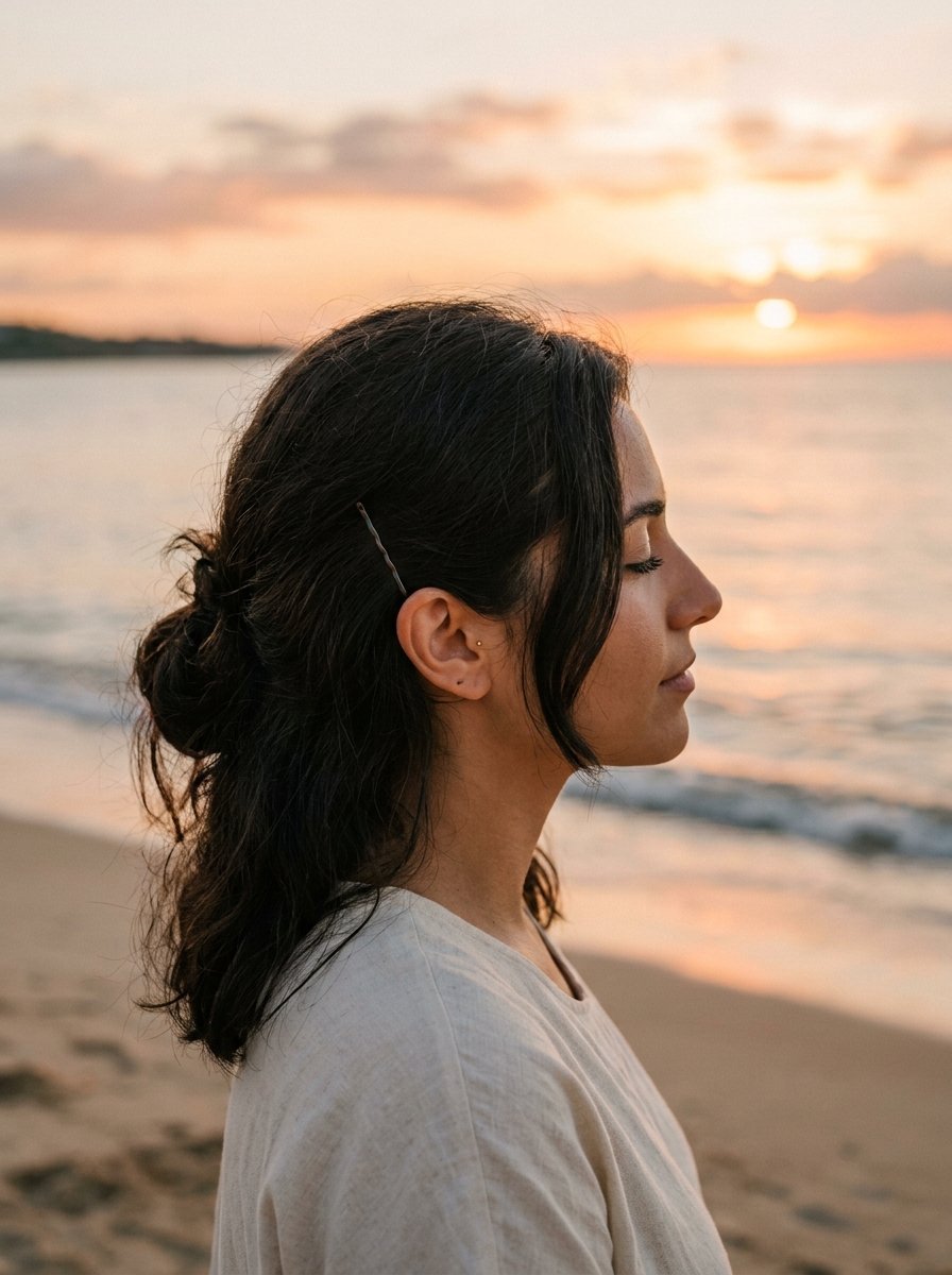 Profile view of a woman with her eyes closed, wearing a cream top on a sandy beach at sunset.