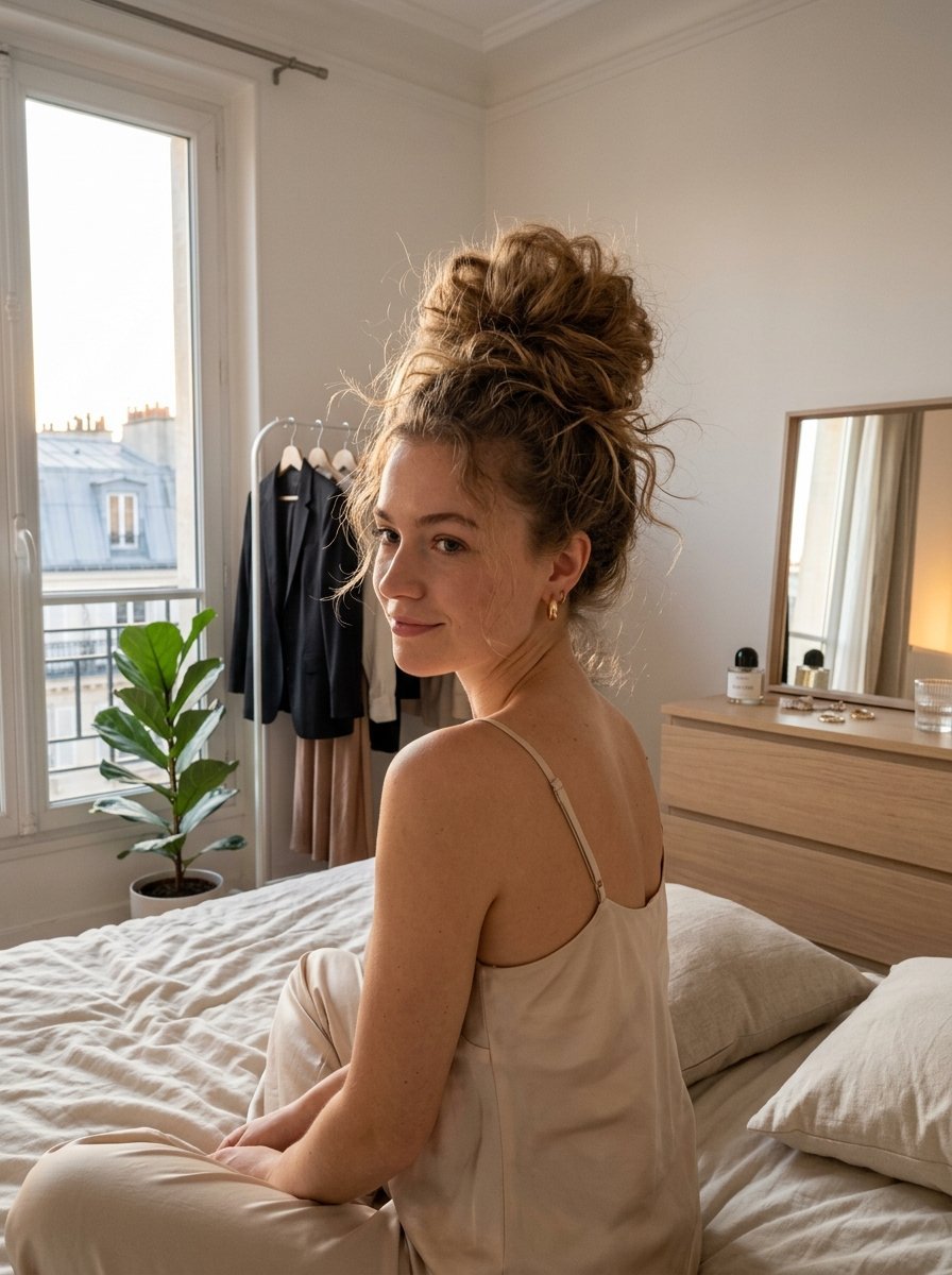 A woman with curly hair in a messy bun looking over her shoulder while sitting on a bed in a sunlit room.