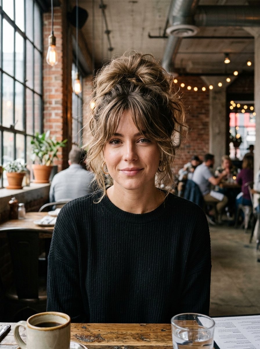 Close-up of a smiling woman with blonde bangs and a high bun sitting at a wooden table in a busy restaurant.