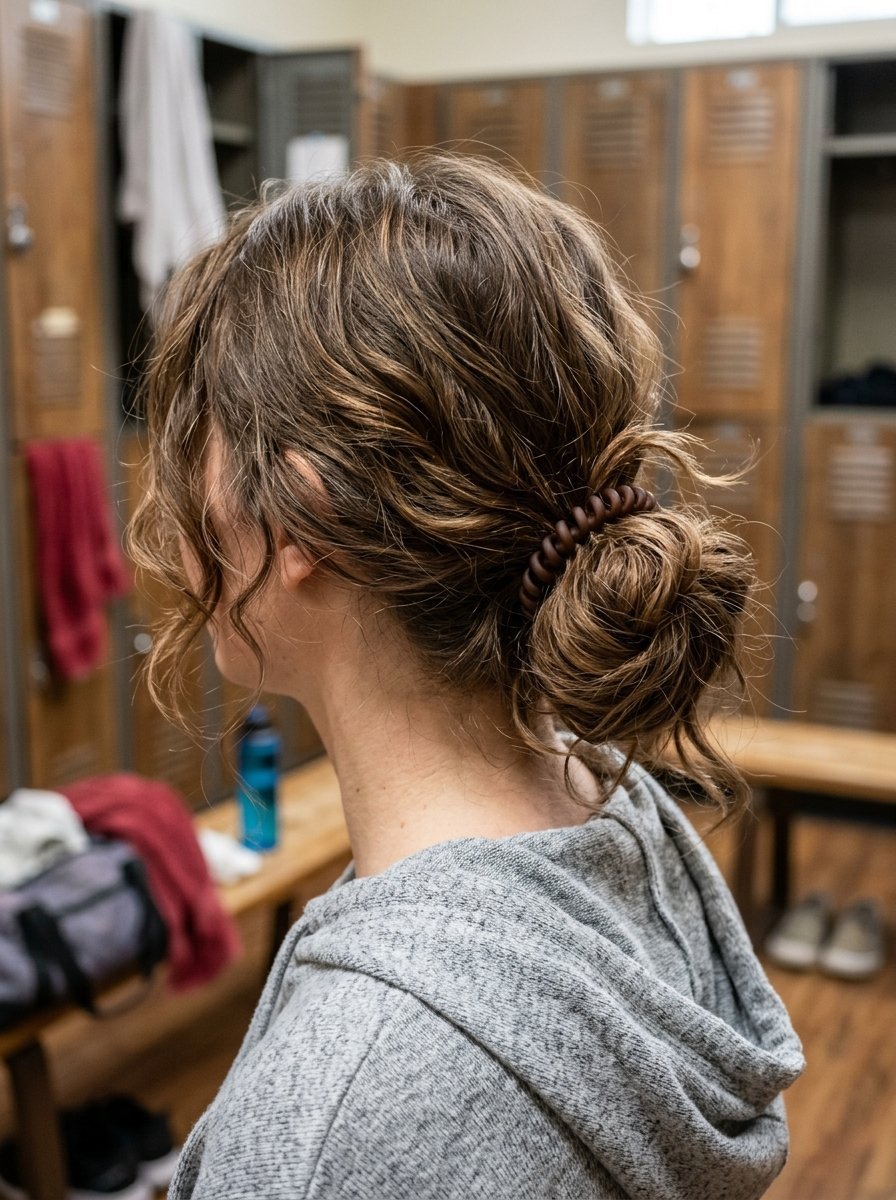 Close up profile view of a woman with highlighted brown hair in a loose bun secured with a brown coil hair tie.