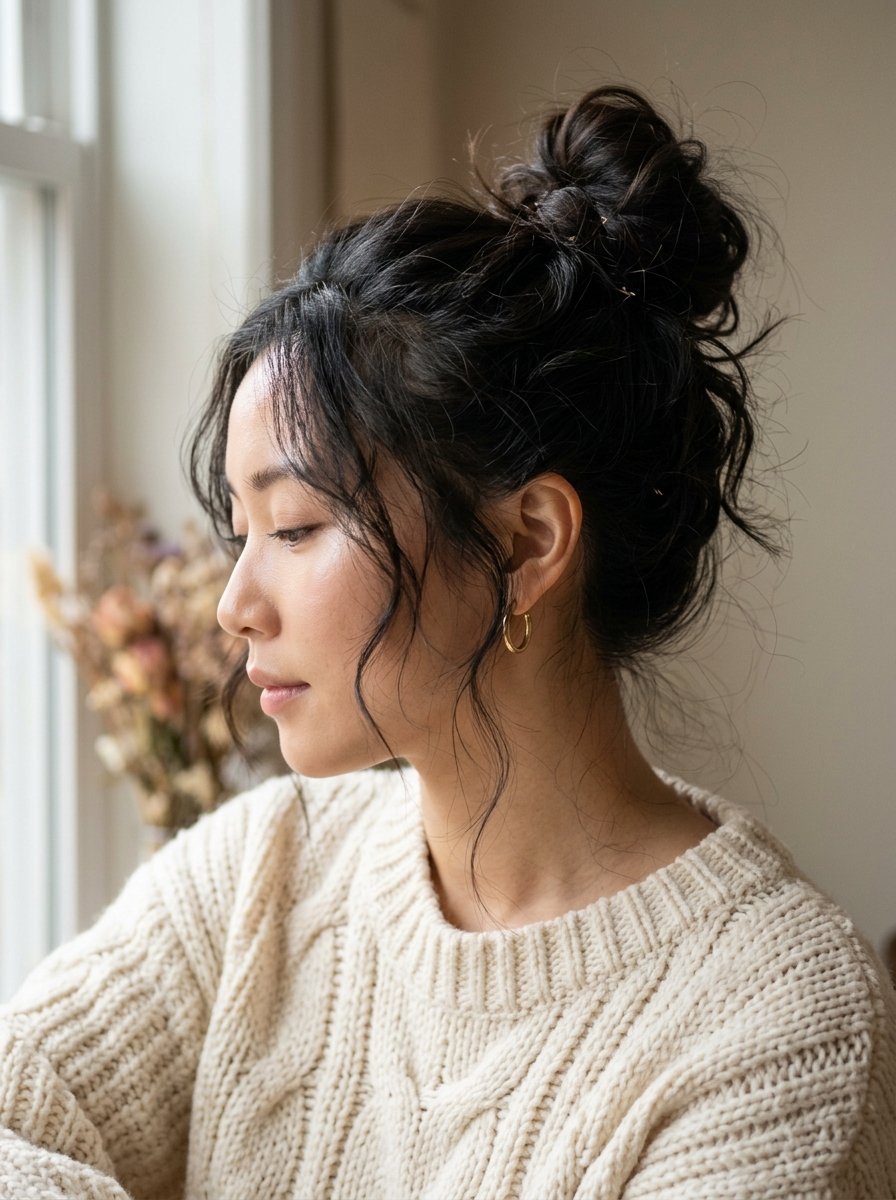 Profile view of a woman with black hair in a messy bun wearing a cream cable-knit sweater.
