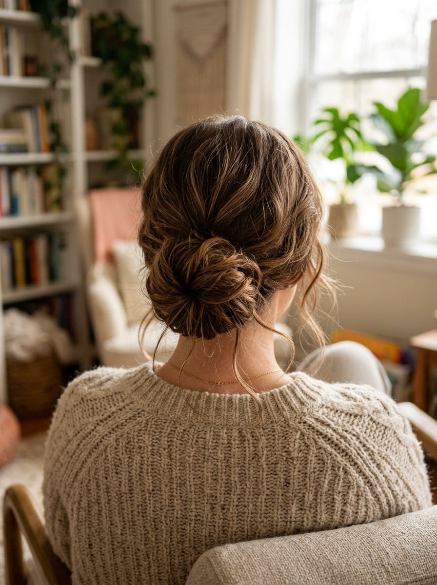 Back view of a woman with brunette hair styled in a loose low bun wearing a textured knit sweater.