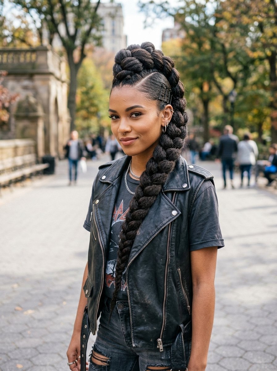 Portrait of a woman wearing a black leather vest and a thick, long braided mohawk style, standing in a park.
