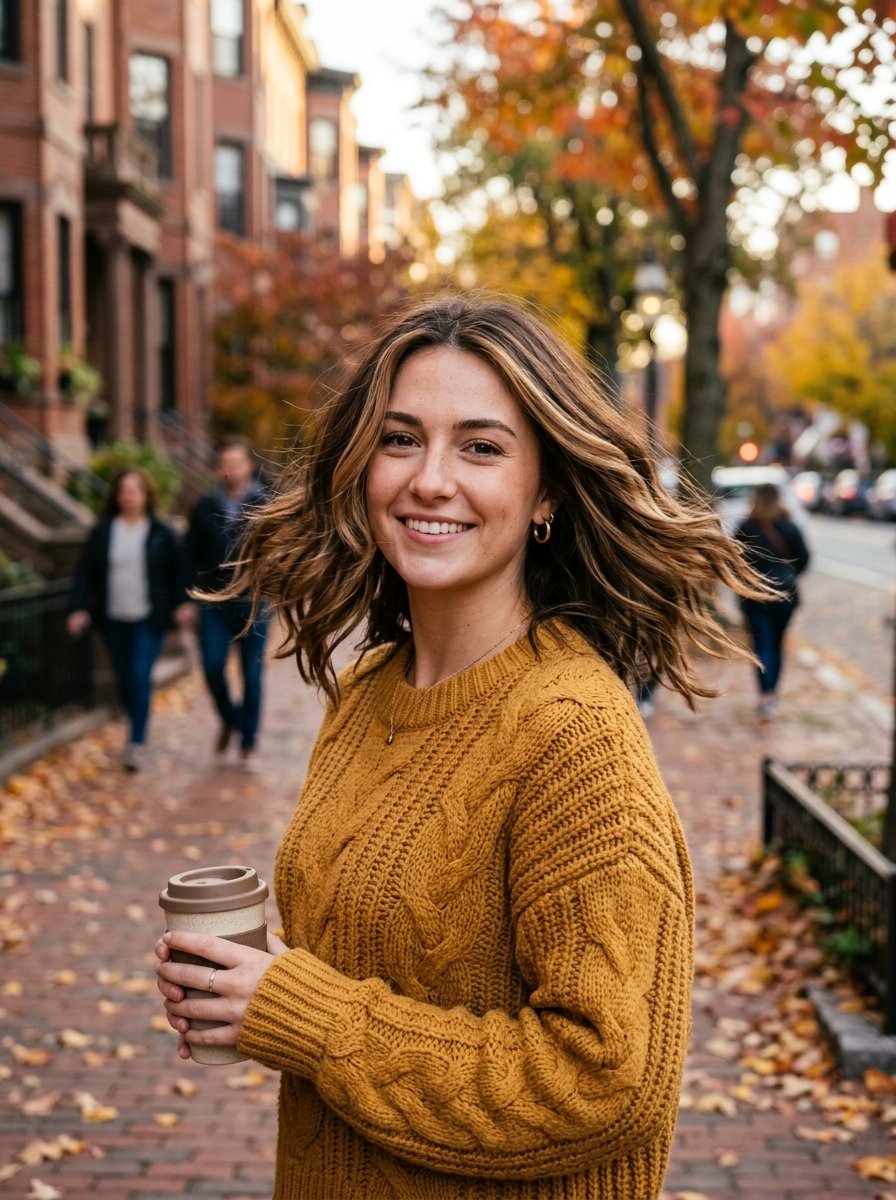 A woman with wavy hair in a cable knit sweater smiles while holding a reusable coffee cup on a tree-lined city sidewalk.