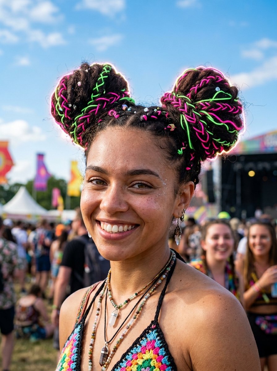 Close-up of a smiling woman at a festival wearing hair styled into two large buns with bright green and pink string.