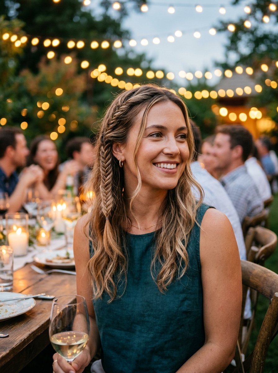 Close up of a woman with fishtail braids holding a wine glass at a rustic outdoor banquet dinner table.