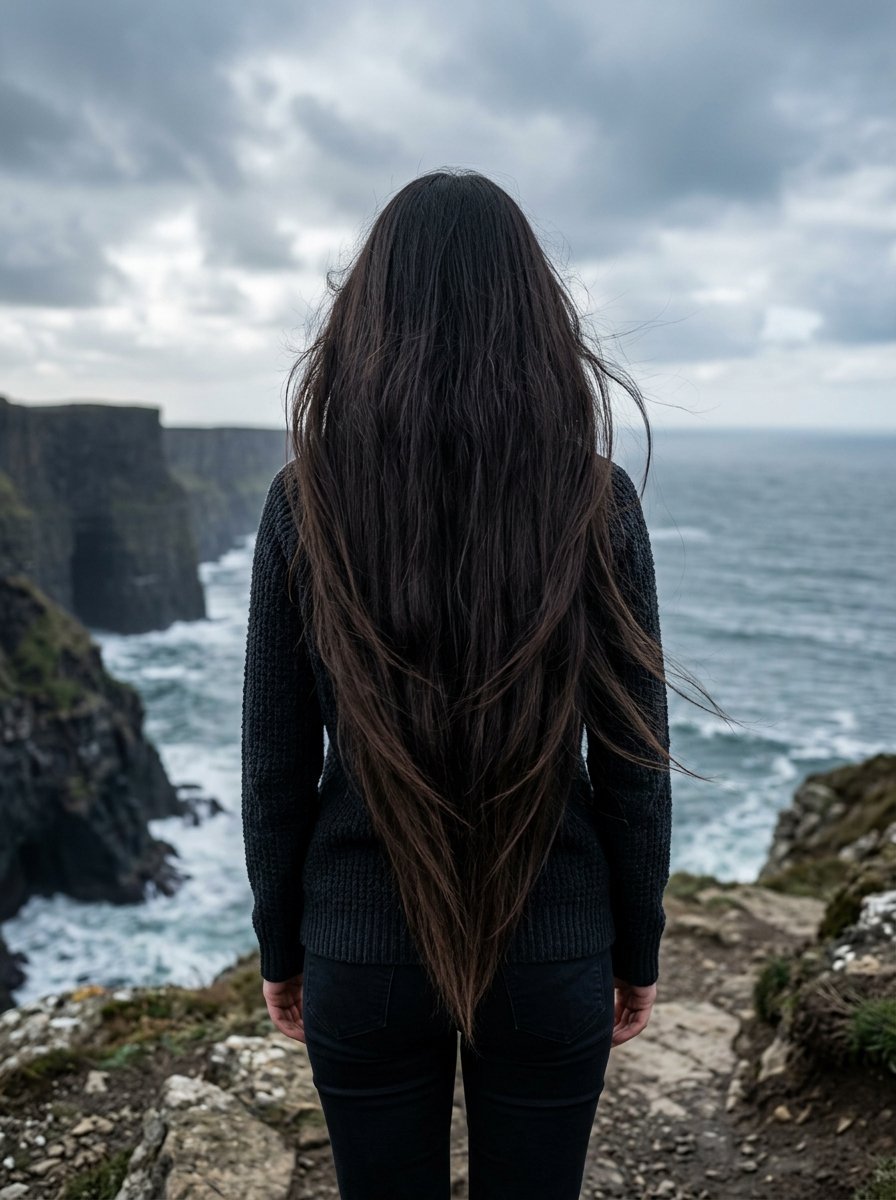 Back view of a woman with long dark hair looking out at rocky ocean cliffs on a cloudy day.