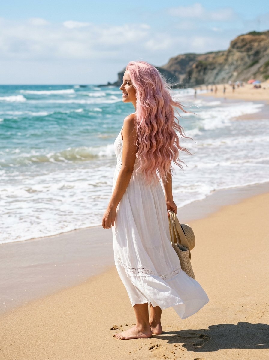 A person with wavy pink hair in a white summer dress walking on sandy beach holding a straw hat.