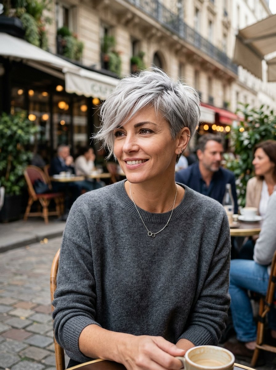 Portrait of a smiling woman with short gray hair sitting at an outdoor cafe table with a cup of coffee.