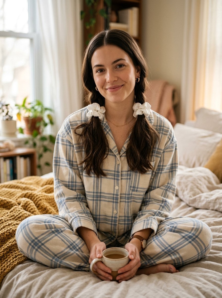 Woman with pigtails wearing blue and white plaid flannel pajamas sitting on a bed with a ceramic cup.