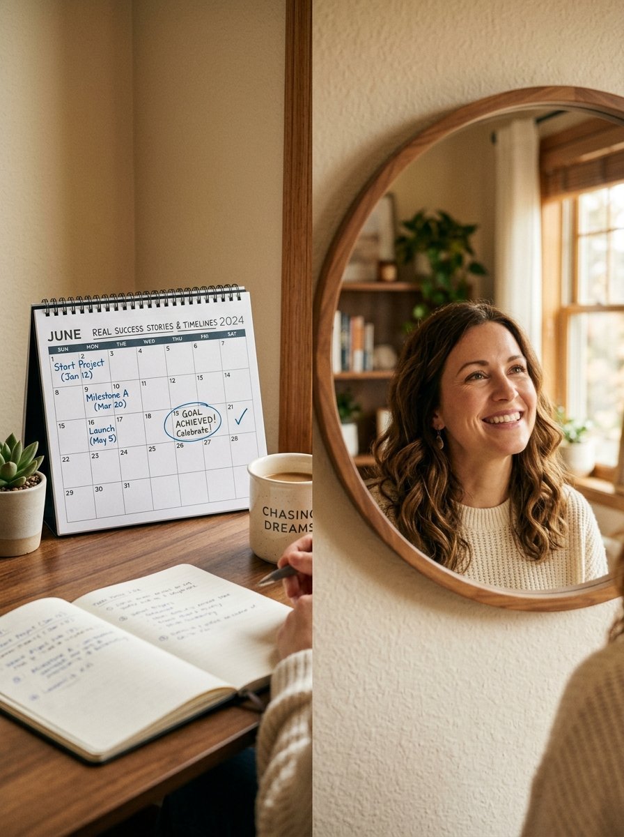 A woman in a cream sweater smiling in a round mirror next to a June 2024 goal calendar and a handwritten project notebook.