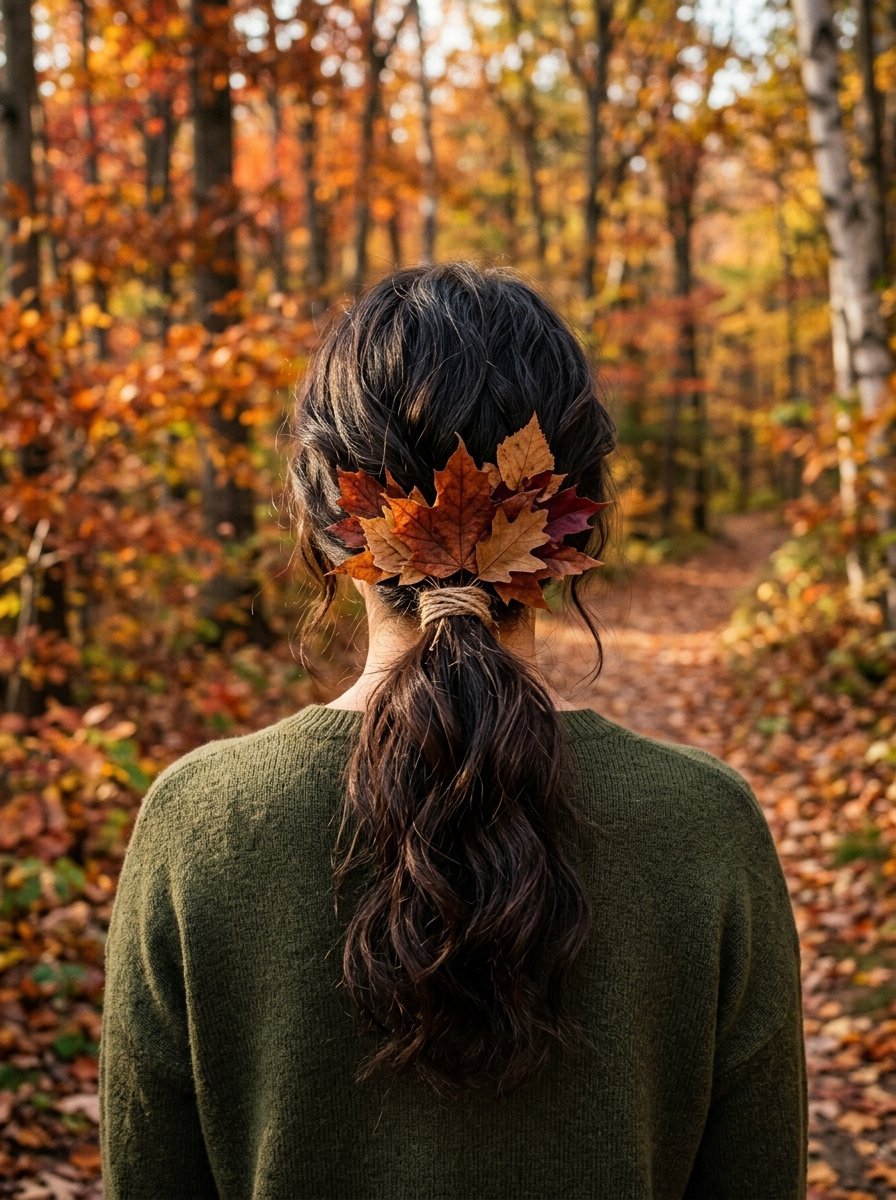 Rear view of a person with dark hair in a ponytail decorated with colorful maple leaves in a forested autumn setting.