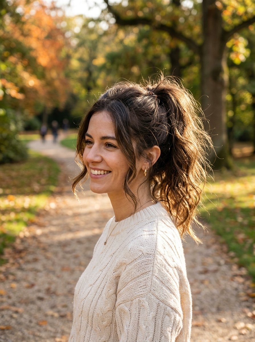 Portrait of a smiling woman with a ponytail wearing a cable knit sweater in an autumnal park setting.