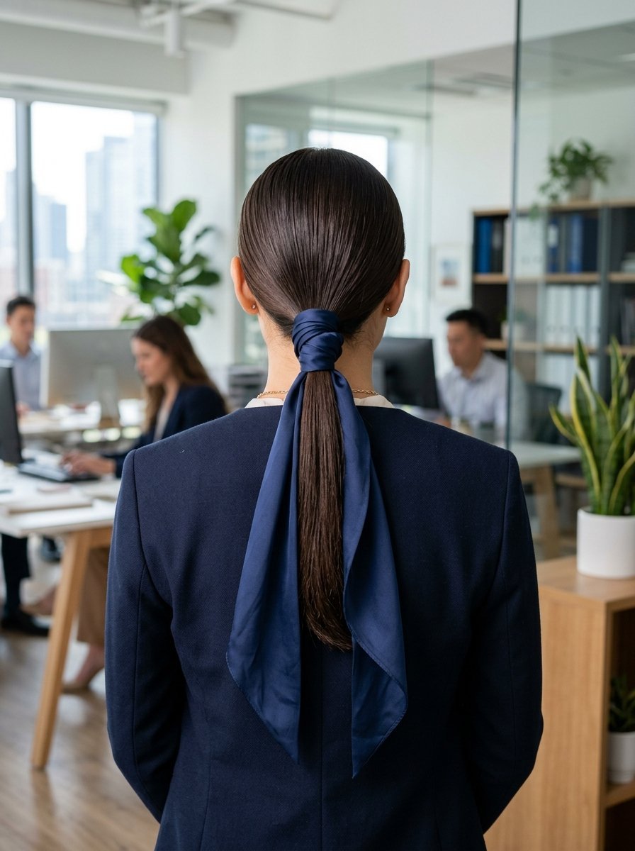 Back view of a female professional in a blazer with hair tied in a ponytail using a dark blue fabric accessory.