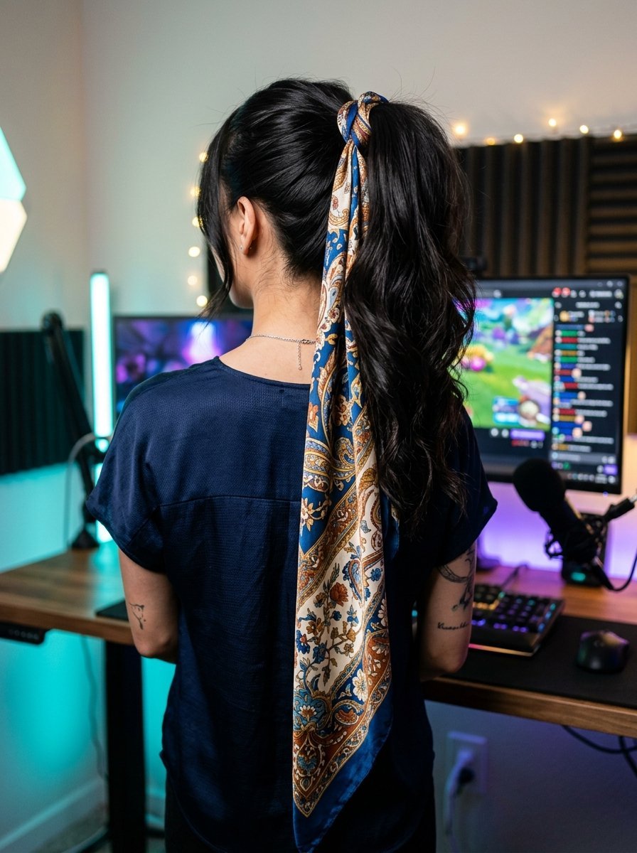 Back view of a woman at a gaming desk wearing a blue and gold floral print scarf tied into her long hair.