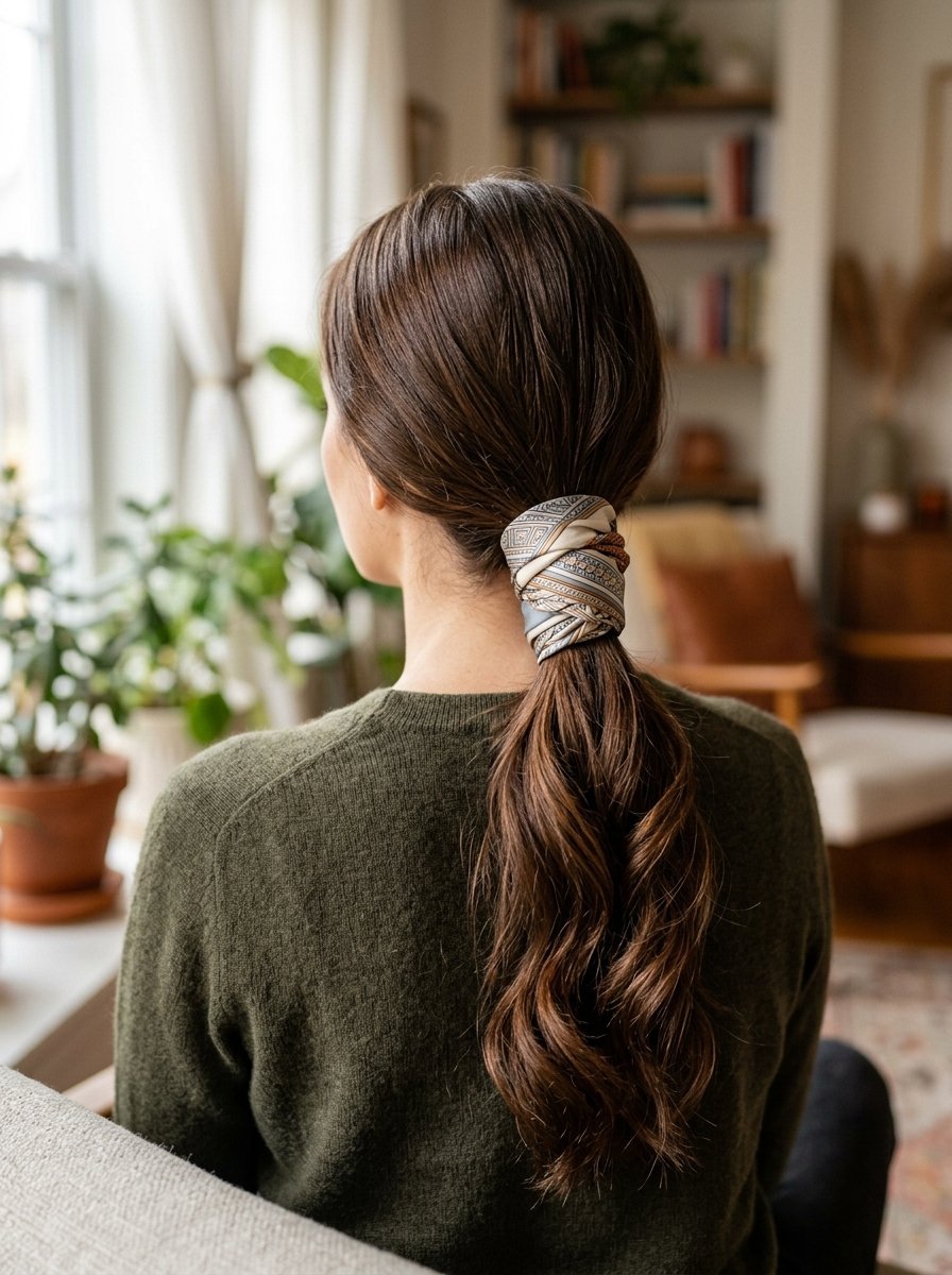 Back view of a woman wearing an olive green sweater with her long hair secured in a patterned silk scarf ponytail.