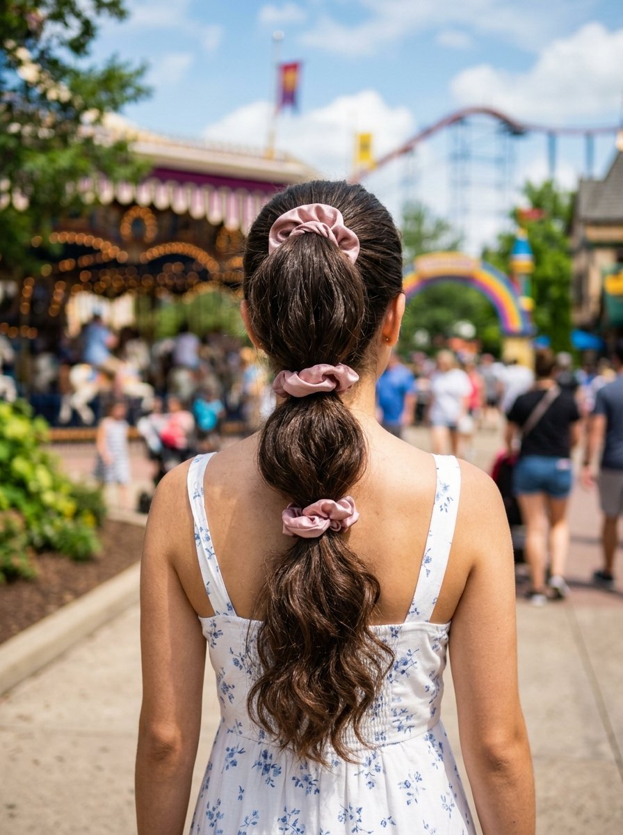 A rear view of a woman with long brunette hair styled in a triple bubble ponytail tied with pink silk hair ties.