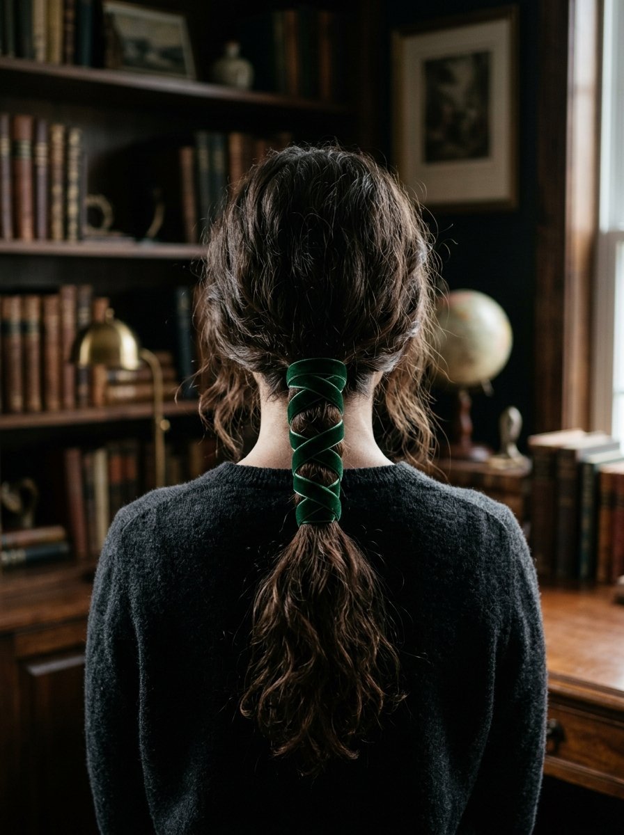 Rear view of a woman with wavy brown hair styled in a ponytail laced with a crisscross green velvet ribbon.