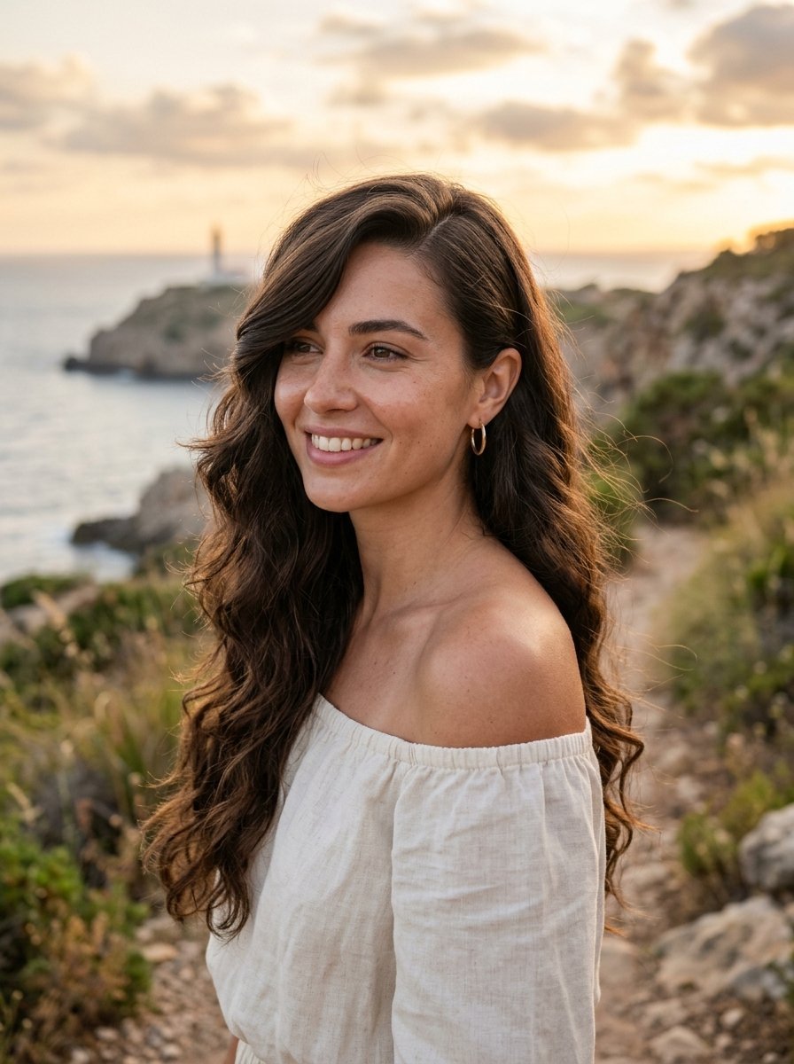 Portrait of a smiling woman in a white off-shoulder top standing on a cliffside path by the ocean.