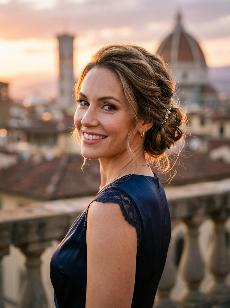 Close-up portrait of a woman with an elegant updo against a blurred Florence skyline.