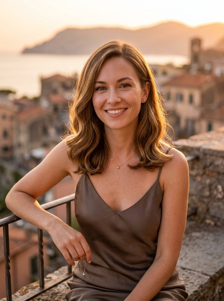 Portrait of a young woman with wavy hair wearing a brown dress against a blurred Mediterranean coastal village view.
