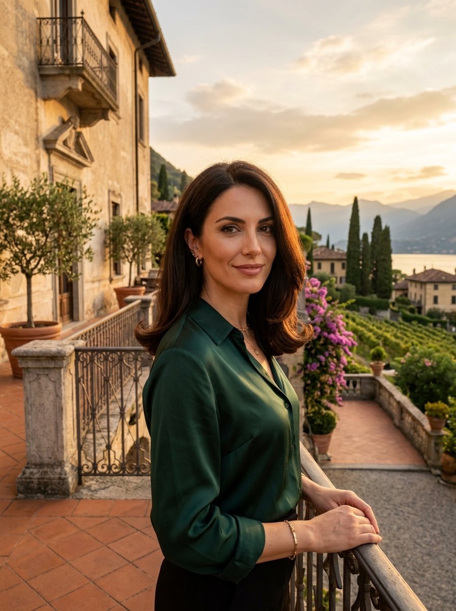 A brunette woman standing on a stone balcony of an Italian villa at sunset with a lake and mountains in the background.