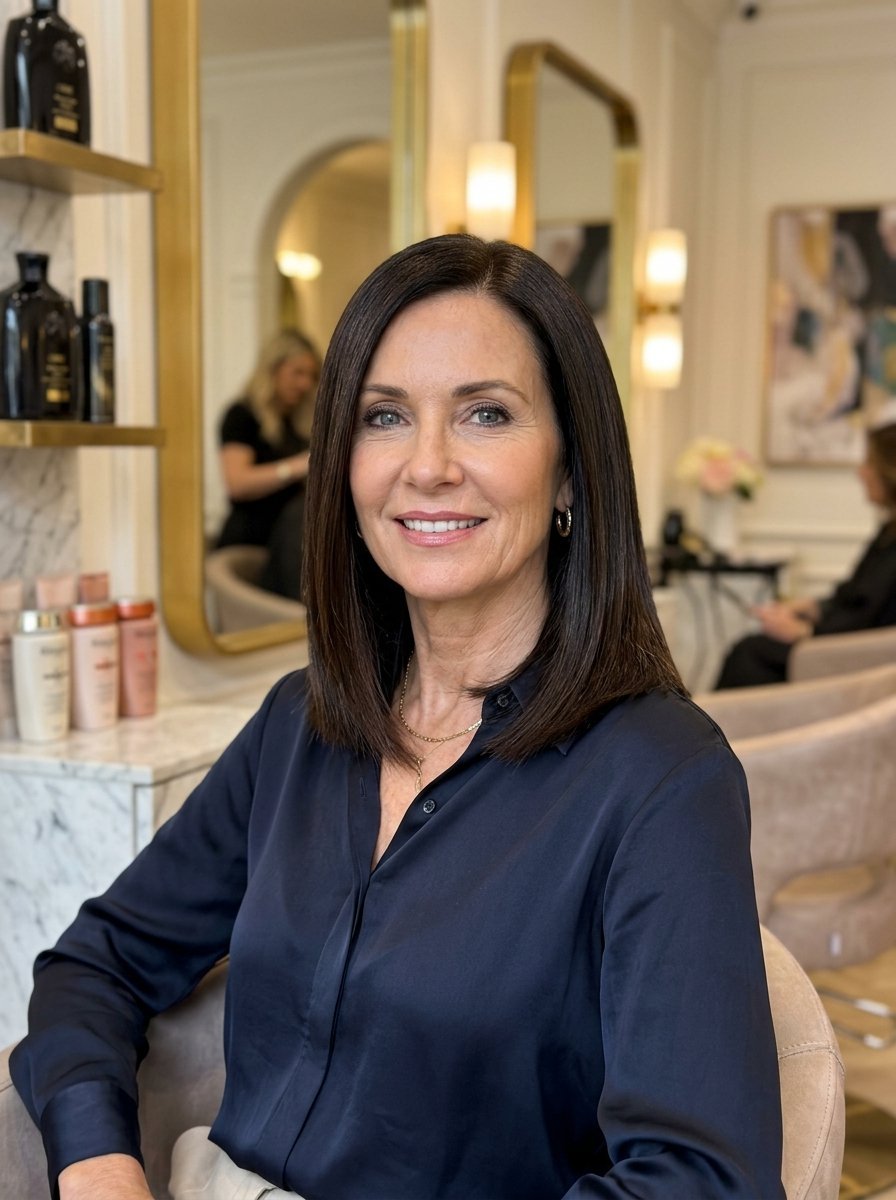 Portrait of a middle-aged woman with dark shoulder-length hair wearing a navy blouse inside a modern salon.