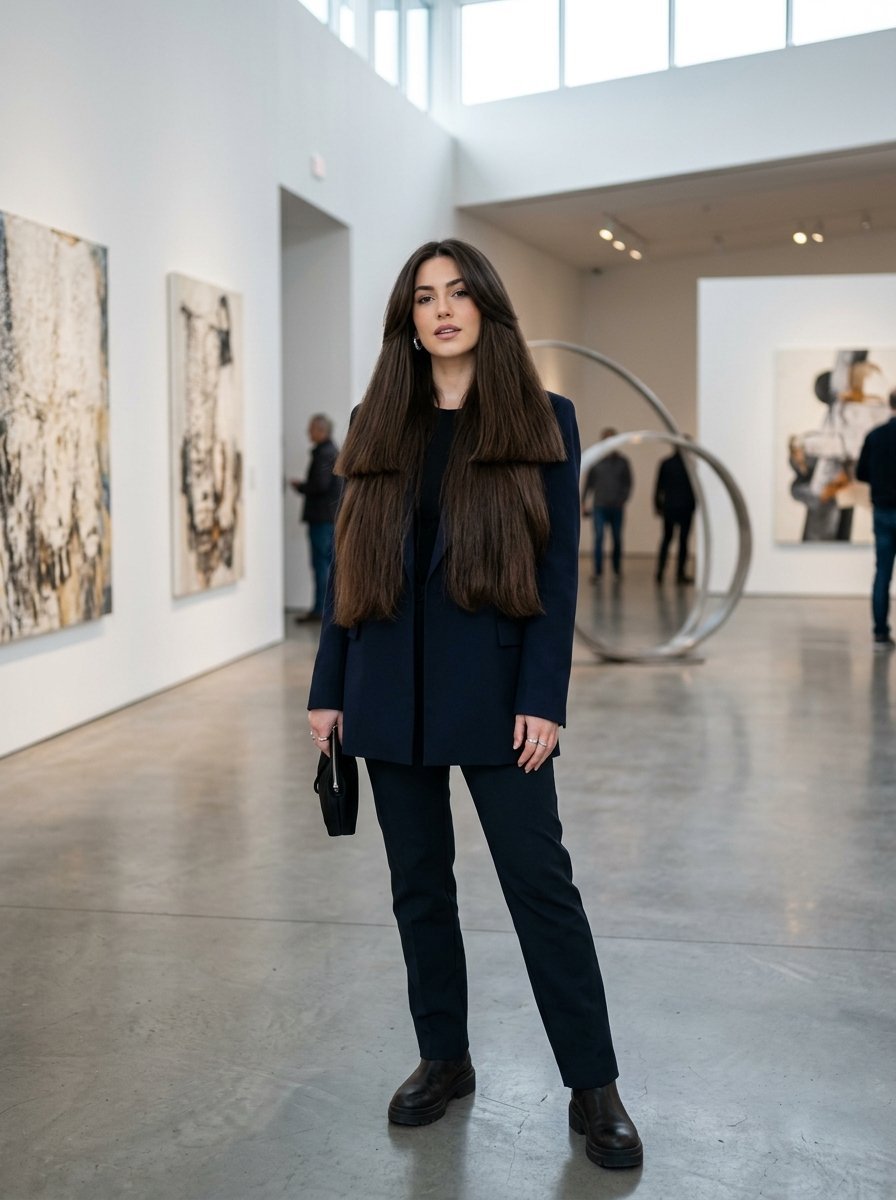 A brunette woman in a dark blazer standing in an art museum with paintings and sculpture in the background.