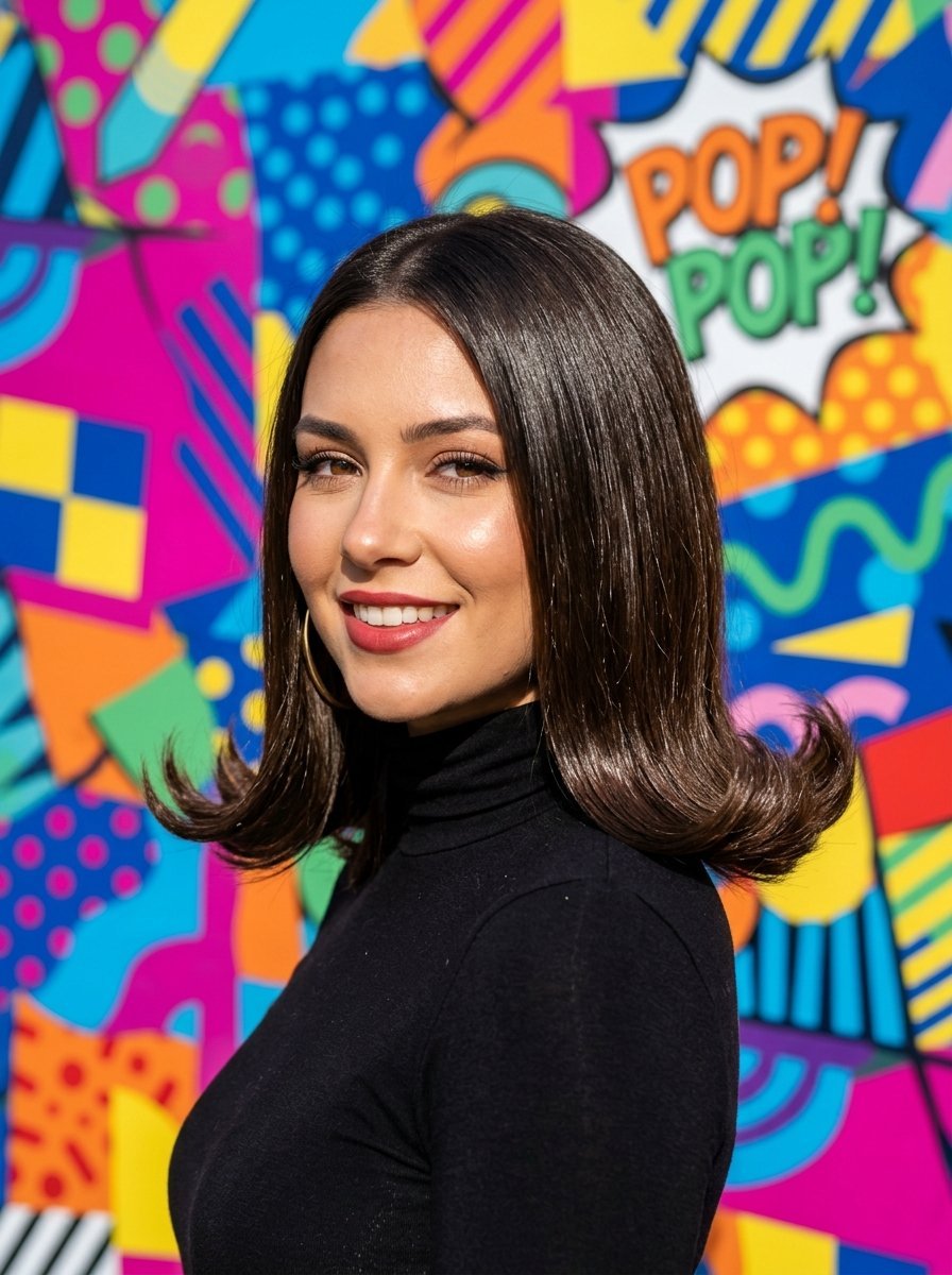 Close up of a smiling brunette woman wearing a black turtleneck against a graphic mural with text that says Pop Pop.
