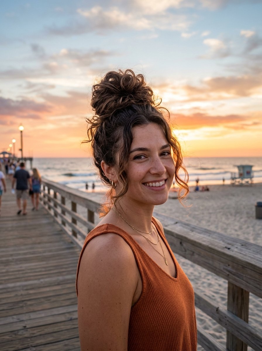 Portrait of a woman in an orange tank top smiling on a coastal boardwalk during a golden hour sunset.