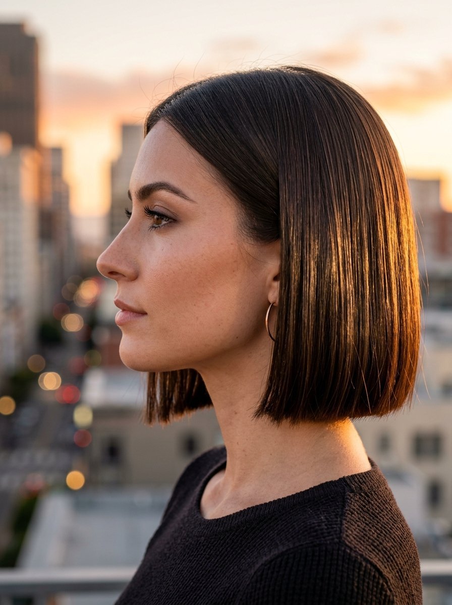 Side profile of a woman with dark straight hair looking over a blurred urban city skyline at golden hour.