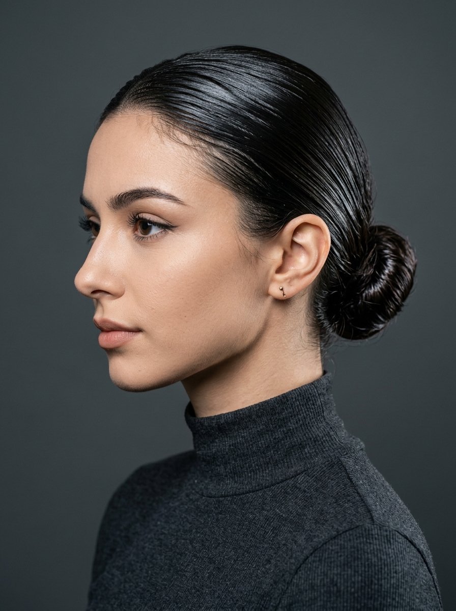 Close-up profile shot of a woman with dark hair pulled back into a tight bun and a grey turtleneck.