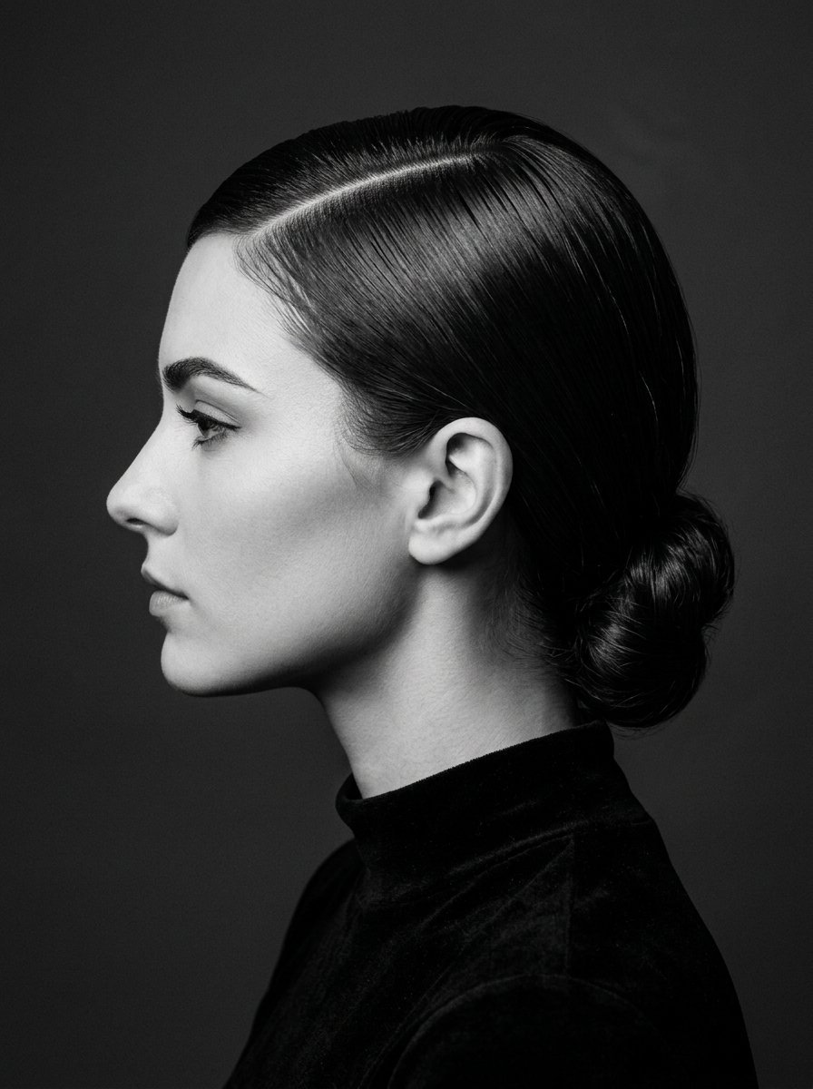 Profile view of a woman with sleek dark hair pulled back into a low bun wearing a high-neck shirt.