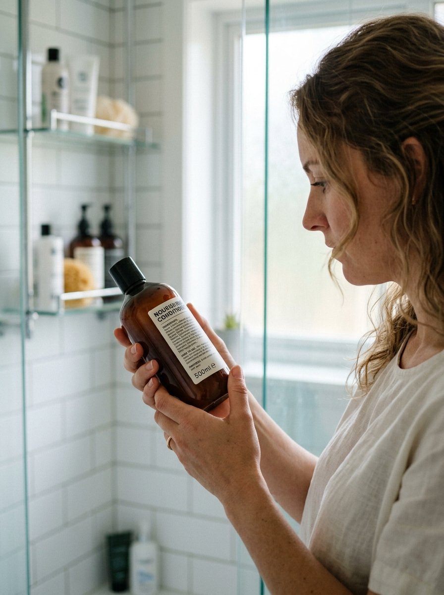 A woman with wavy hair looking at the label of a 500ml amber bottle while standing in a tiled shower.
