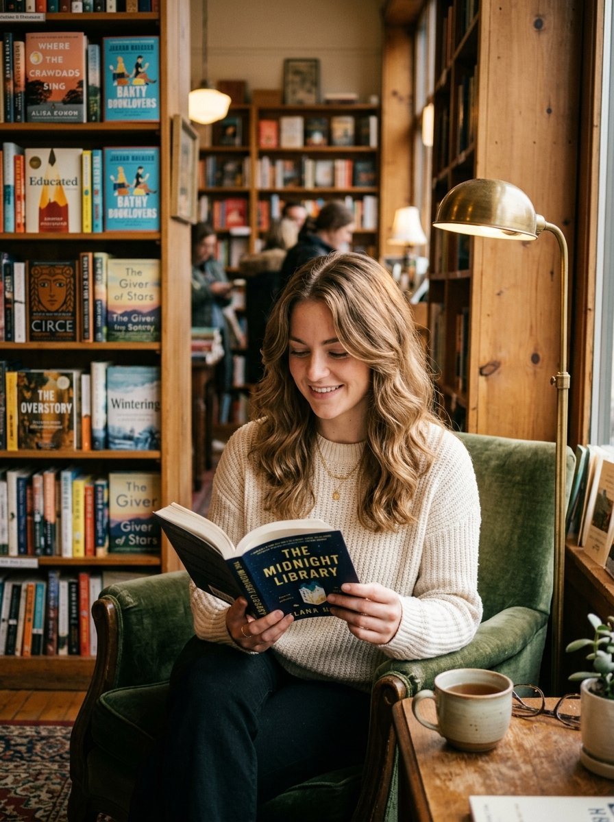 Young woman with long brown hair wearing a cream sweater reads a book while sitting in a green velvet armchair.