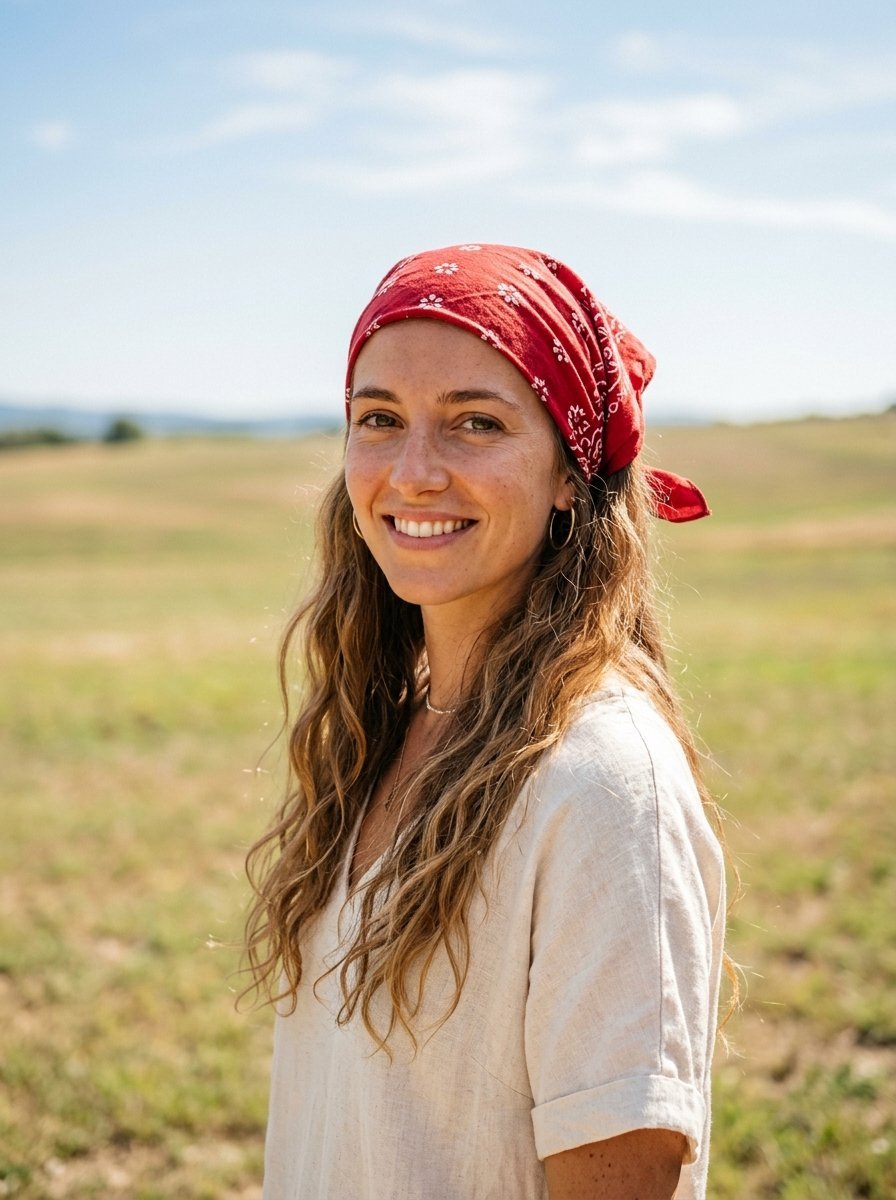 Portrait of a woman with long wavy hair and a red floral bandana standing in a sunny grassy field.