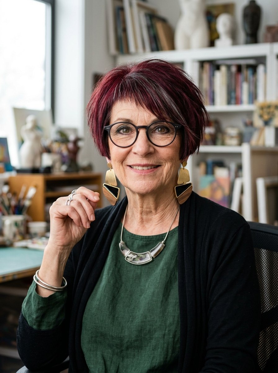 Portrait of a mature woman with short red hair, glasses, and statement earrings in an art workspace.